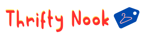 Thrifty Nook - Playful red text logo featuring a blue price tag icon with a clothes hanger on a white background.